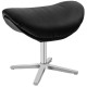 Black leather lounge chair with ottoman, 360° swivel, aluminum alloy base, ideal for living room or office use.