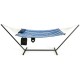 Hammock chair stand set with blue cotton fabric, pillow, and cup holder, perfect for indoor or outdoor relaxation.