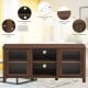 Walnut TV stand with tempered glass doors, 2-tier shelves, and wire management holes for organized entertainment.