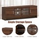 Walnut media entertainment TV stand with ample storage, tempered glass doors, and adjustable shelves for TVs up to 70.