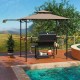 Grill gazebo with side awning in brown, featuring a double-tiered top, storage shelves, and sturdy metal frame for.