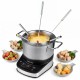 Electric fondue pot set with a 3 L stainless steel pot, six color-coded forks, and 15 temperature levels for gatherings.