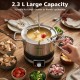 Electric fondue pot with 2.3 L capacity, stainless steel design, and six color-coded forks for family gatherings.