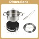Stainless steel pot with removable base and six color-coded forks, ideal for hosting fondue parties with friends.
