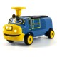 Bright blue 12V kids ride-on train with adjustable seat, music features, and storage compartment for toys and snacks.