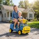 Kids ride-on train in blue with adjustable seat, featuring a smiling child and parent, perfect for outdoor fun.