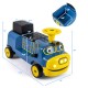 Kids 12V ride-on train in blue with adjustable seat, storage compartment, and music features for ages 3-6.