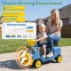 Kids 12V 2-seater ride-on train in blue with adjustable seat, music features, and soft start for safe driving fun.