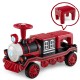 Red 12V ride-on toy train for 2 kids, featuring a removable chair, steering wheel, and fun sound effects.