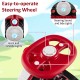 Easy-to-operate red steering wheel with sound and light buttons for the 12V 2-seater ride-on toy for kids.