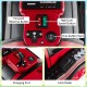 Close-up of the control panel on a red 12V 2-seater ride-on toy, featuring buttons for speed and direction.