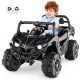 Black 12V battery-powered electric vehicle for kids with remote control, adjustable seat, and LED headlights for safe.