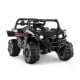 Battery-powered electric vehicle for kids in black, featuring remote control, LED headlights, and adjustable safety.