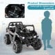 12V battery-powered electric vehicle in black with remote control, designed for kids aged 3+, featuring adjustable seat.