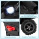 Bright LED headlights, secure door locks, and puncture-proof wheels on a 12V battery-powered electric vehicle for kids.