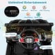 Steering wheel detail of the 12V electric vehicle with music switch and horn sound for kids' entertainment.