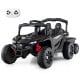 Battery-powered ride-on tractor in dark gray with remote control, detachable trailer, and LED headlights for kids'.