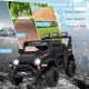 12V electric kids ride-on truck in black with treaded wheels, remote control, and soft start for stable driving.