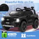 Black 12V electric kids ride on car, licensed Ford Ranger, featuring dual motors, remote control, and LED lights.