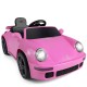 Pink 12V electric ride-on car with remote control, LED headlights, and a stylish design for kids aged 3 and up.