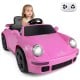 Pink 12V electric ride-on car featuring a wide seat with safety belt and openable doors for secure play for kids aged 3.
