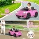 Pink 12V electric ride-on car with parent remote control, featuring manual mode, music, and LED lights for kids aged 3+.