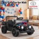 12V electric ride-on truck in black with dump bed, music panel, and remote control for kids aged 3-6 years old.