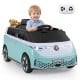 Kids electric Volkswagen car in blue with LED headlights, remote control, and music features for fun outdoor driving.