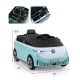 Kids electric car bus in blue with LED headlights, 12V battery, and remote control for fun outdoor driving.