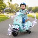 Kids electric VESPA motorcycle in green with music features, training wheels, and bright LED headlights for outdoor fun.
