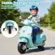 Kids electric motorcycle in green with training wheels, music features, and stable design for safe outdoor fun.