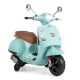 Kids electric motorcycle in green, licensed VESPA with training wheels, LED headlights, and music features for fun.
