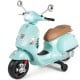Kids electric VESPA motorcycle in green with training wheels, LED headlights, and music features for fun rides.