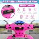 Pink 12V kids electric motorcycle dashboard featuring media center with USB, MP3/AUX ports, and controls for music and.