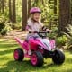 Child riding a pink 12V ATV with LED lights on grass, featuring ergonomic seat and easy-to-operate controls.