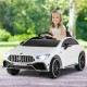Kids ride-on car Mercedes-Benz AMG CLA 45 in white, featuring LED lights, remote control, and adjustable safety belt.