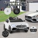 Licensed Mercedes-Benz kids ride on car in white with remote control, LED lights, and adjustable safety belt for fun.