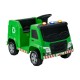 Green 12V kids ride-on garbage truck with warning lights, recycling box, and safety features for fun outdoor play.