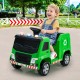 Green 12V kids ride-on garbage truck with warning lights, recycling accessories, and comfortable seat for safe driving.