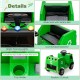 Green 12V kids ride-on garbage truck with realistic design, wide seat, safety belt, and cup holder for fun recycling.