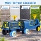 12V kids ride-on train in blue with detachable carriage, designed for various terrains like boardwalks and asphalt.
