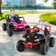 Kids riding a 12V off-road UTV in black and pink, featuring parental remote control and LED headlights for safe fun.