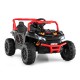 12V kids ride-on truck UTV in black with red accents, featuring LED headlights and parental remote control for safe.