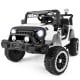 Kids ride-on truck in black with remote control, 3 speeds, and 4-wheel suspension for outdoor fun and safety.
