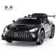 Black 12V kids ride-on car Mercedes-AMG GT3 with remote control, adjustable speed, and LED lights for safe fun.