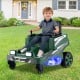 Kids ride-on lawn mower in green with LED lights, dual control sticks, and spinning blades for fun outdoor play.