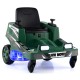 Kids 12V ride-on lawn mower in green with LED lights, dual control sticks, and anti-tipping wheels for safe play.