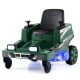 Kids 12V ride-on lawn mower in green with LED lights, dual control sticks, and smooth anti-tipping wheels for fun.