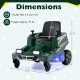 Dimensions of the green 12V ride-on lawn mower for kids, featuring LED lights and dual control sticks for fun playtime.