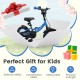 Navy 12-inch kids bike with removable training wheels, adjustable seat, and dual brakes for ages 3-8, promoting balance.